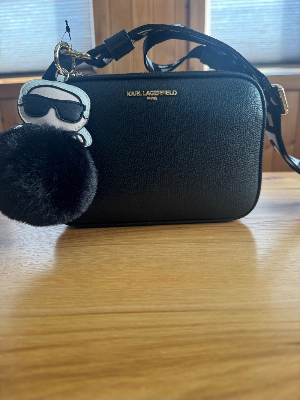 Karl Lagerfeld Black Leather Crossbody Camera Bag with Pom Charm